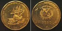 Dominikanische Republik DOMINICAN REPUBLIC 1 Peso 1989 COLUMBUS DISCOVERY Cu-Ni Prooflike, gilt variety -
