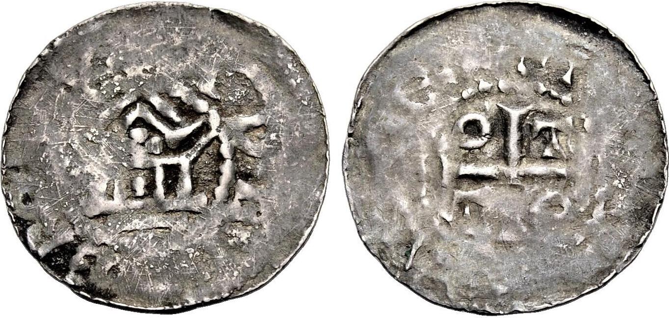 LOTHRINGEN- METZ Pfennig 984-1002 BISHOP ADALBERO II. AND EMPEROR OTTO III.  VF | MA-Shops