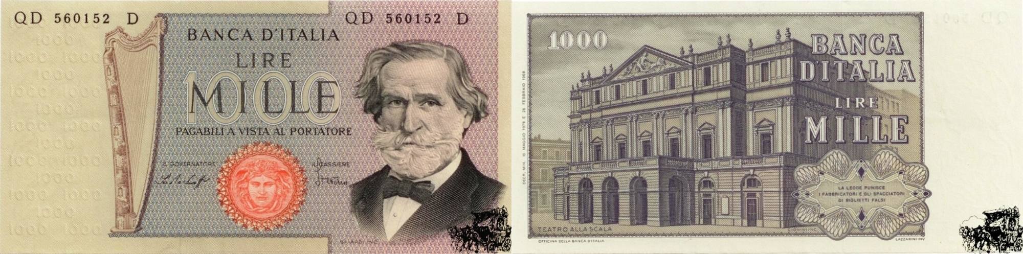 Banknote museum. 1000 Lire Mille в рублях.