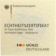 Deutschland 20 Euro 2020 F BRD, Heimische Vögel - Weißstorch, in Münzkapsel mit Zertifikat BU