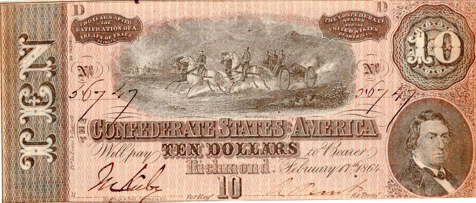 Authentic 1864 Confederate States discount of America Civil War Large Note Ten Dollar Bill U.S. bill banknote currency Richmond Virginia General Lee