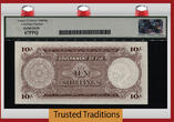 Welt Banknoten 10 SHILLINGS 1965 TT PK 52e FIJI  QUEEN ELIZABETH II LCG 67 PPQ TIED AS BEST! STUNNING EXAMPLE WITH BEAUTIFUL EYE APPEAL! SUPERB GEM NEW NONE GRADED FINER!