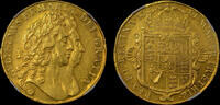 GREAT BRITAIN WILLIAM & MARY, 1691 GOLD FIVE GUINEAS, CONJOINED BUSTS, AU 53  1691 