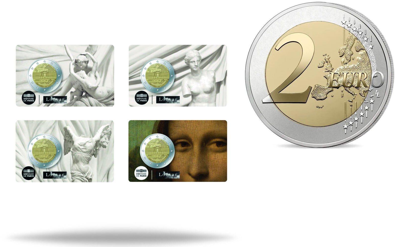 Frankreich, <br><b>sofort lieferbar! </b> 2 Euro x 4 Blister, <br> 2025 Louvre Kunst - Museum <b>Blister Amor,Venus,Nike,Mona Lisa alle 4 Blister </b> BU <br>im <br> Blister <br> (4)