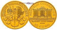 Österreich 4 Euro<br>1,24g fein<br>13 mm Ø Wiener Philharmoniker 999,9 er Gold, in einer rechteckigen Kapsel -