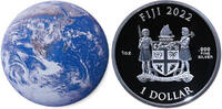 Fiji / Fidschi 1 Dollar Earth farbig/blau 40 mm Ø 2022 Blue Marble (Dome shaped) - Spherical Coin, inkl. Zertifikat und Etui RAR! Proof 1 Unze  S...