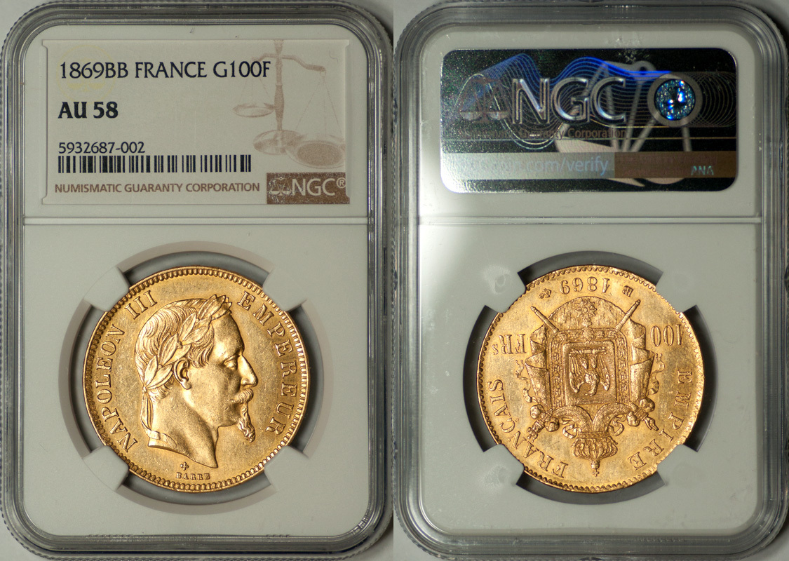 France 1869-BB Napoleon III Gold 100 Francs NGC AU-58 UNDERGRADED!! |  MA-Shops