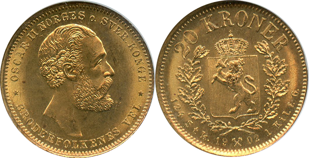 NORWAY 20K 1902 Oscar II GOLD 20 Kroner Choice BU NGC MS 65 | MA-Shops