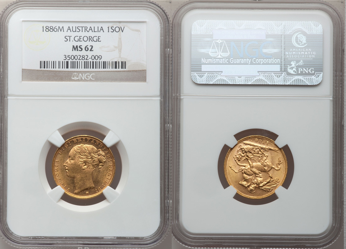 Australia 1886-M Victoria gold Sovereign St. George NGC MS-62 | MA